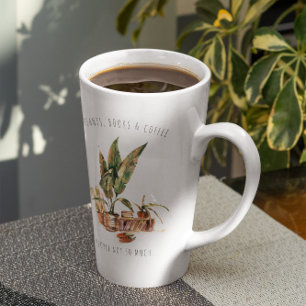 Taza De Café Latte Plantas, Libros & Café   Ilustración en Acuarela