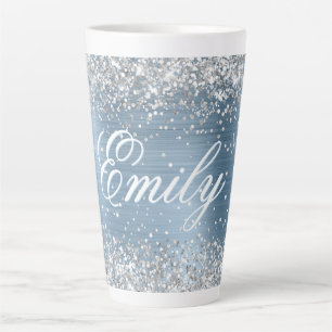 Taza De Café Latte Plata Personalizada Brillo Azul Claro Foil