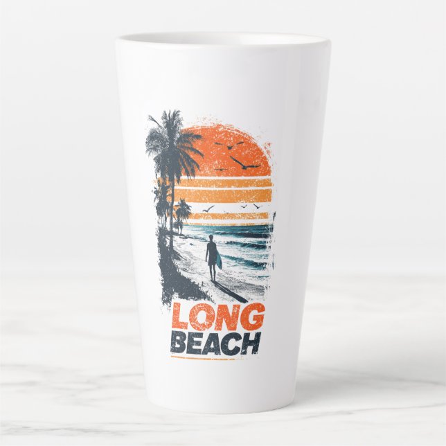Taza De Café Latte Playa de Palm Tree atardecer retro Long Beach Cali (Anverso)