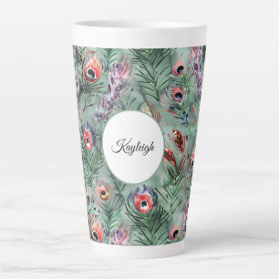Taza De Café Latte Plumas de pavo real verdes rojas