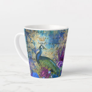 Taza De Café Latte Plumas Flores De Pájaro Azul De Moda De Pavo Real