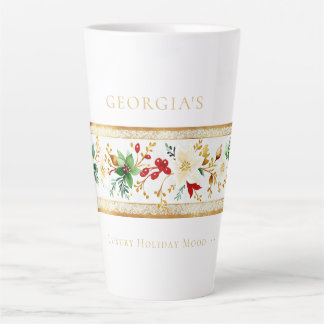 Taza De Café Latte Poinsettia de Lujo Floral Navideña Dorada MH26