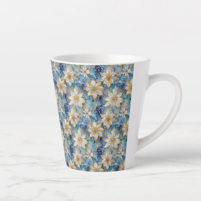 Taza De Café Latte Poinsettias de los Navidades Blue White Gold (Derecha)