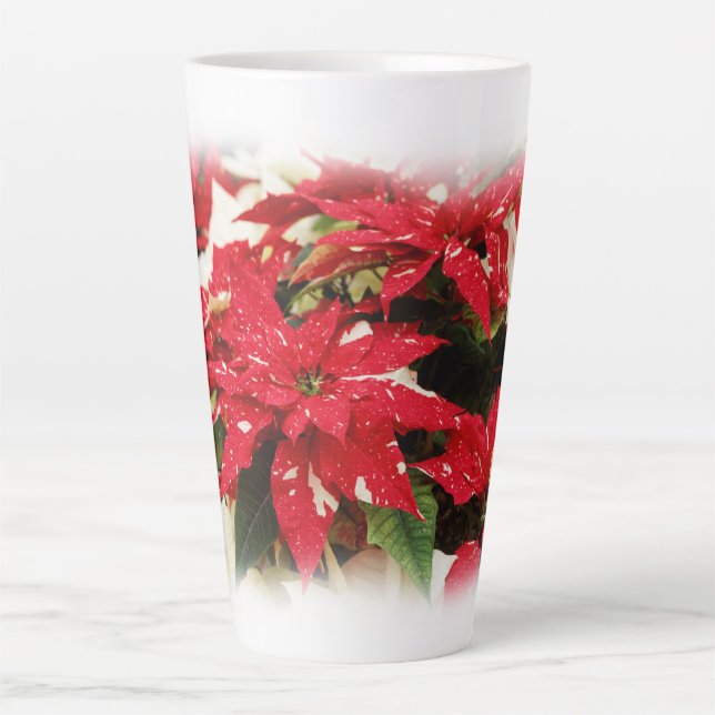 Taza De Café Latte Poinsettias florales blancas rojas festivas (Anverso)