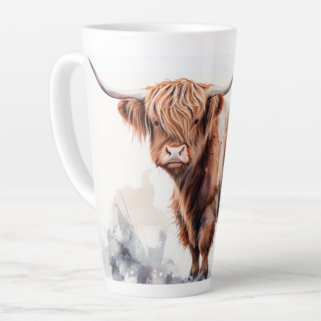 Taza De Café Latte Poster de acuarela de vaca Highland (Ángulo izquierdo)