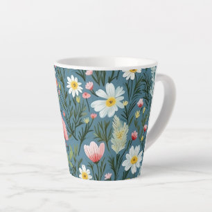 Taza De Café Latte Prado Silvestre de Flor Azul Cottagecore Patrón Fl