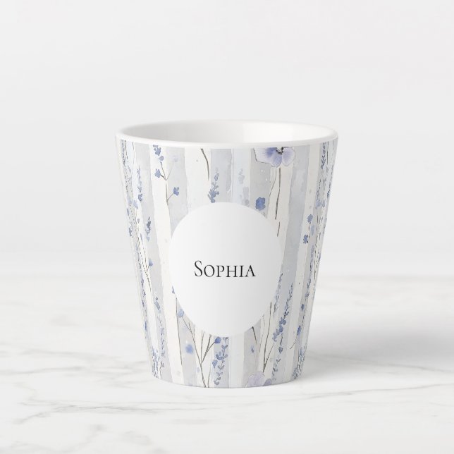 Taza De Café Latte Precioso floral de lavanda blanco rayas ducha de n (Anverso)