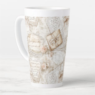 Taza De Café Latte Precioso Rosas Rosadas Románticas Cartas de Amor  