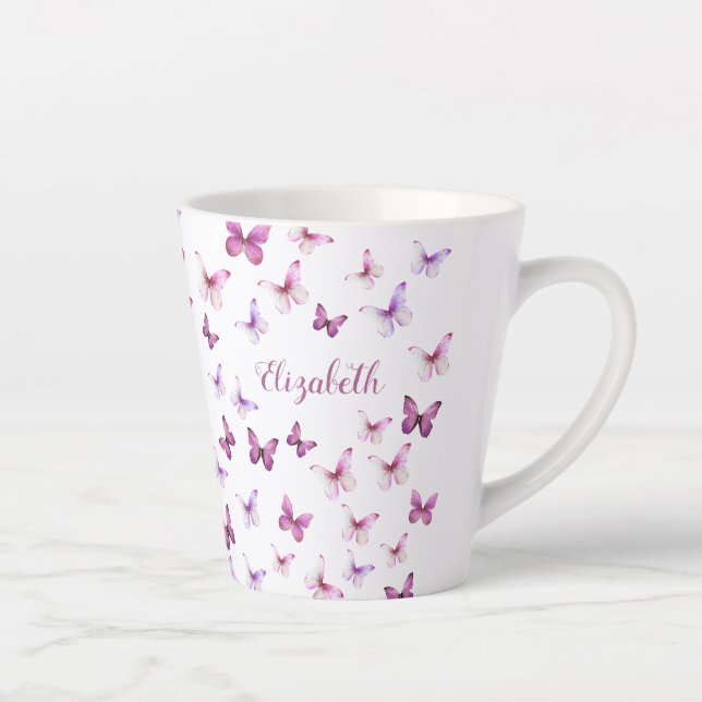 Taza De Café Latte Pretty Pink Butterflies Custom Name (Derecha)