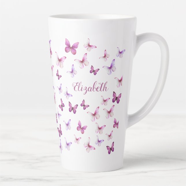 Taza De Café Latte Pretty Pink Butterflies Custom Name (Derecha)