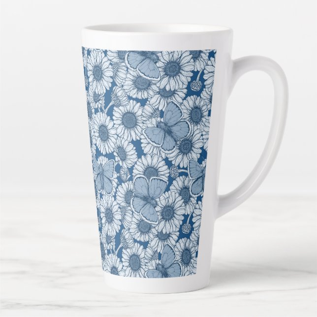 Taza De Café Latte Primavera azul, flores silvestres, margaritas (Derecha)