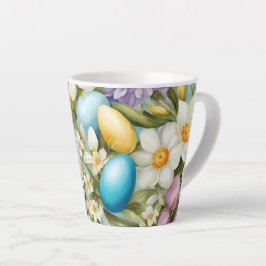 Taza De Café Latte Primavera. Narciso, jacintos, tulipanes, huevos de
