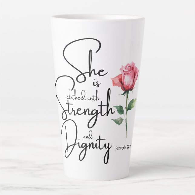Taza De Café Latte Proverbios 31:25 Ella está vestida de la Biblia Ve (Anverso)