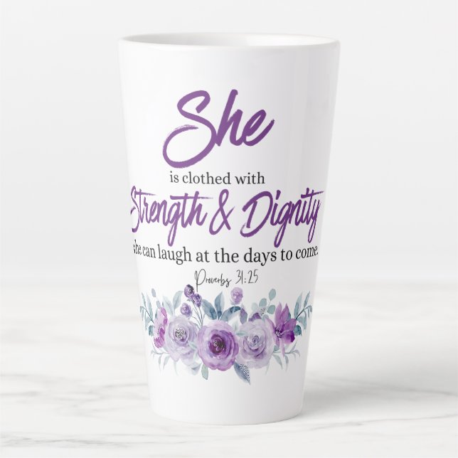 Taza De Café Latte Proverbios 31:25 Fuerza y Dignidad Flor Púrpura (Anverso)