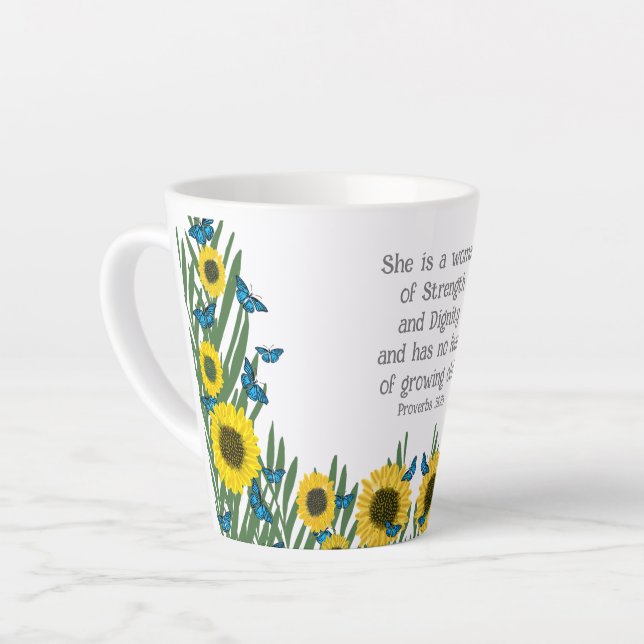 Taza De Café Latte Proverbios 31:25 Mariposas Religiosas Cristianas (Ángulo izquierdo)