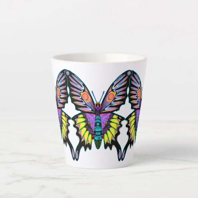 Taza De Café Latte Psicodelia Paz Amor Música Mariposa (Anverso)