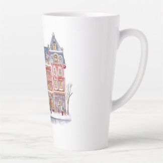Taza De Café Latte Pueblo navideño de invierno en acuarela