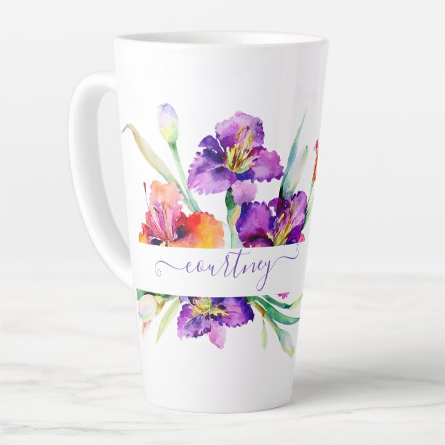 Taza De Café Latte Púrpura acuarela Iris personalizado (Ángulo izquierdo)