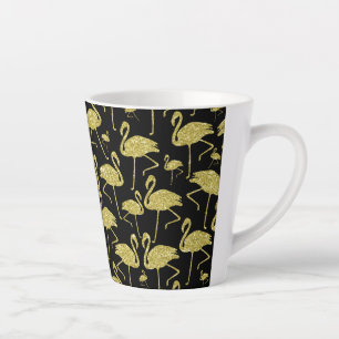 Taza De Café Latte Purpurina de Aves Flamingo de Oro en Diseño Negro