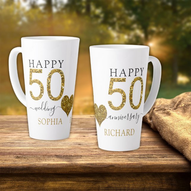 Taza De Café Latte Purpurina de oro 50 aniversario Boda personalizado (Gold Glitter Personalized 50th Wedding Anniversary Latte Mug golden anniversary Parents gifts)