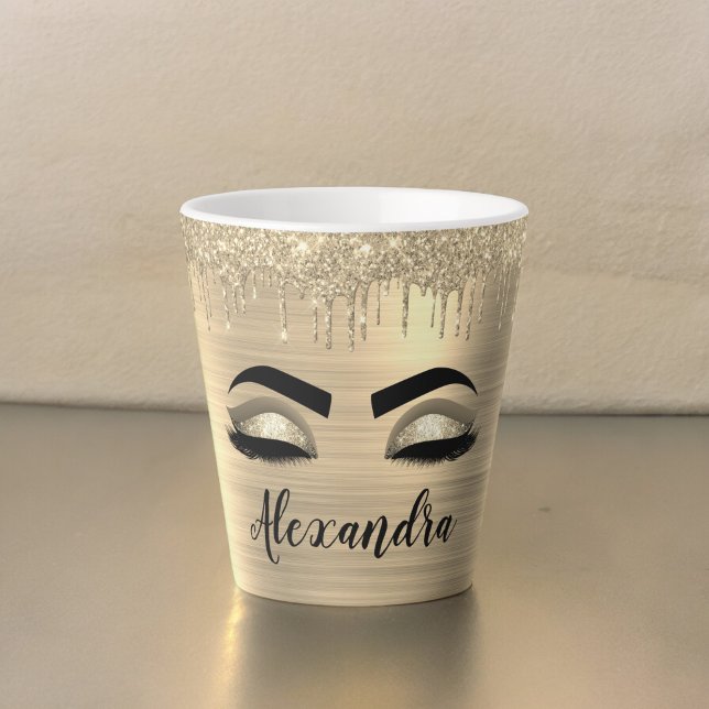 Taza De Café Latte Purpurina de oro Esparkle Eyelashes Monograma Nomb (Subido por el creador)