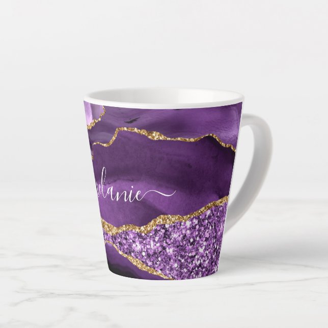 Taza De Café Latte Purpurina de oro morado Marble Nombre personalizad (Ángulo derecho)