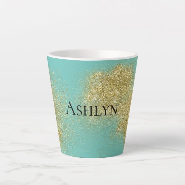 Taza De Café Latte Purpurina Mint Gold Glitzy (Anverso)