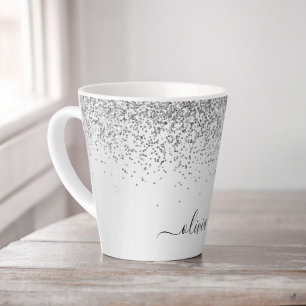 Taza De Café Latte Purpurina plateado Nombre de monograma Metalizado