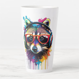 Taza De Café Latte Raccoon en audífonos y gafas