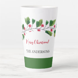 Taza De Café Latte Rama De Bayas Personalizada Acuarela Roja Y Verde