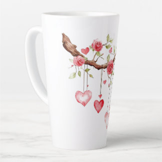 Taza De Café Latte Rama de rosas rosadas en acuarela con corazones co