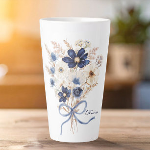 Taza De Café Latte Ramo de flores azul marino acuarela personalizado