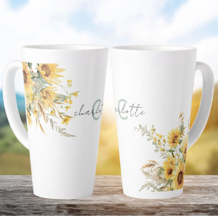 Taza De Café Latte Ramo de girasoles de acuarela con monograma elegan