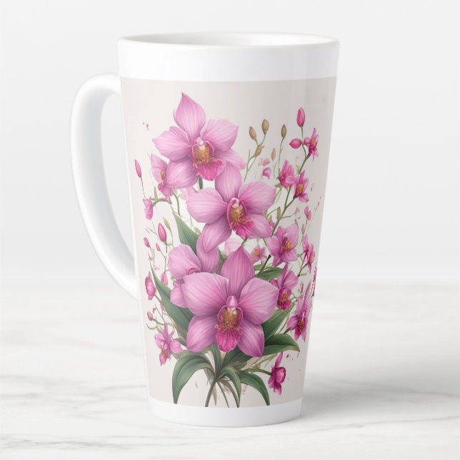 Taza De Café Latte Ramo de orquídeas rosadas con flores delicadas (Ángulo izquierdo)