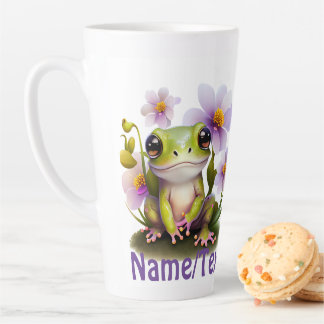 Taza De Café Latte Rana dulce en flores