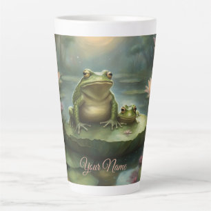 Taza De Café Latte Ranas caprichosas en hojas de nenúfar en un estanq