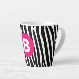 Taza De Café Latte Rayas Clásicas de Cebra Monograma Rosa Brillante