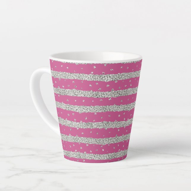 Taza De Café Latte Rayas de confetti de plata rosada brillante (Ángulo izquierdo)