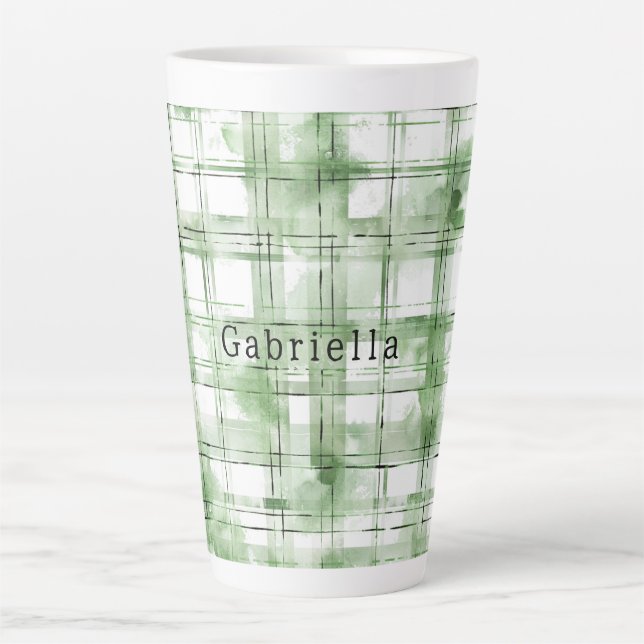 Taza De Café Latte Rayas de Cuadro Verde Blanco   (Anverso)