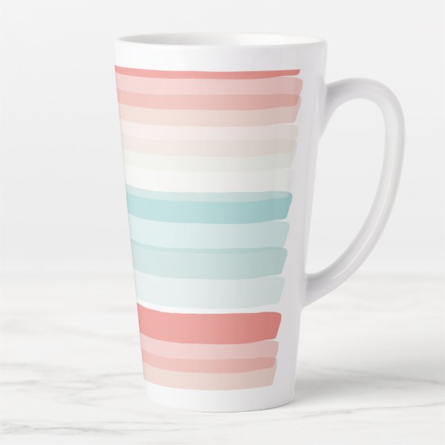 Taza De Café Latte Rayas de verano en coral y turquesa (Derecha)
