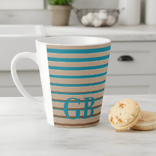 Taza De Café Latte Rayas Frías Marrón y Azul Monogramadas