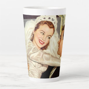 Taza De Café Latte Recién casados en una boda vintage, novia y novio 