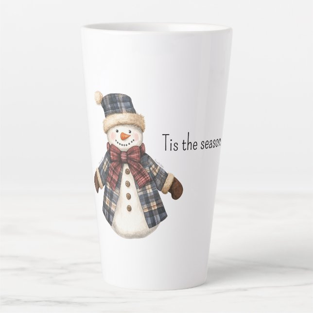 Taza De Café Latte Red Blue Plaid Christmas Snowman (Anverso)