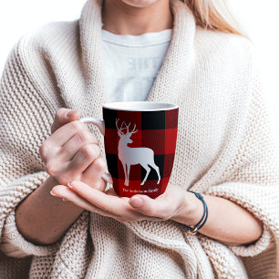 Taza De Café Latte Red Buffalo Plaid & Deer Entrega de nombre perso
