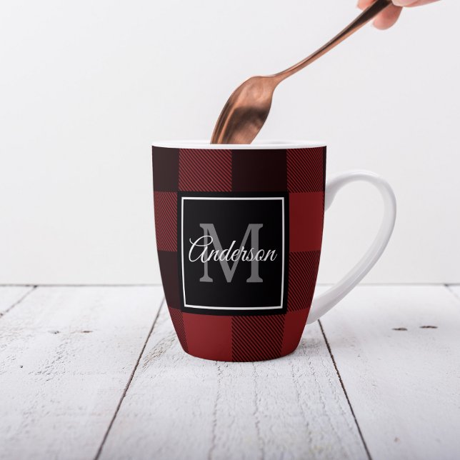 Taza De Café Latte Red Buffalo Plaid | Personal Inicial | Regalo (Subido por el creador)