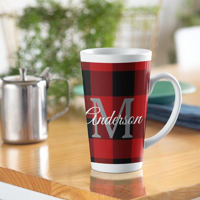Taza De Café Latte Red Buffalo Plaid | Personal Inicial | Regalo (Subido por el creador)
