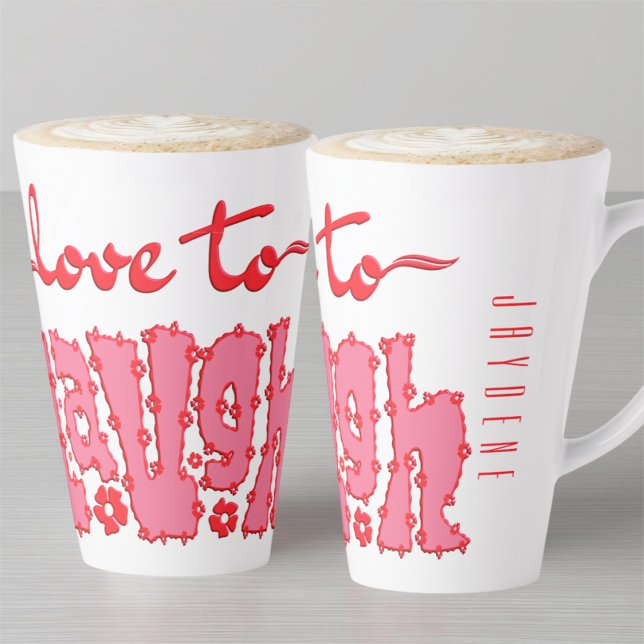Taza De Café Latte Red Floral Chunky Text Slogan With Name (A beautiful mix of elegant cursive script and bold, floral-detailed block lettering in red and pink.)