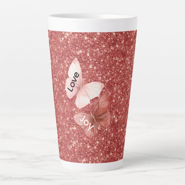 Taza De Café Latte Red Glitter Pink Love Joy Butterflies (Anverso)
