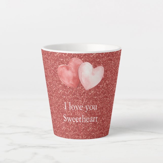 Taza De Café Latte Red Pink Heart Balloons Glitter Sweetheart (Anverso)