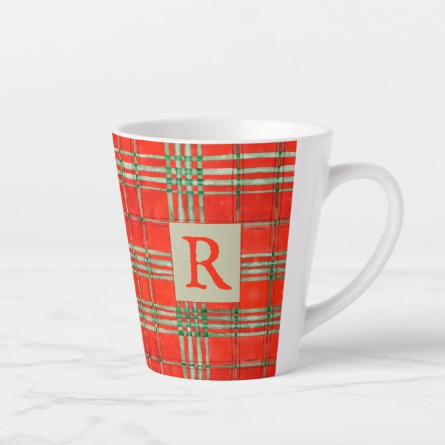 Taza De Café Latte RED SCOTT TARTAN Latte Mug + Inicial (Derecha)